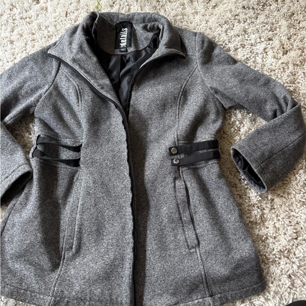 International Details Grey black wool blend jacket with zipper button c…